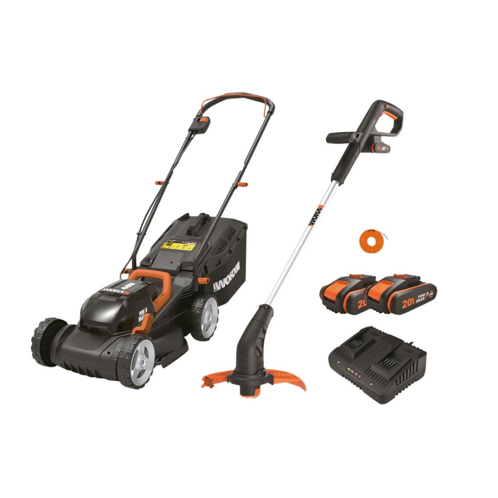 Image of Worx WG927E 20V 2 x 2.0Ah Lithium PowerShare Cordless 40V Lawn Mower & 20V Grass Trimmer Kit 