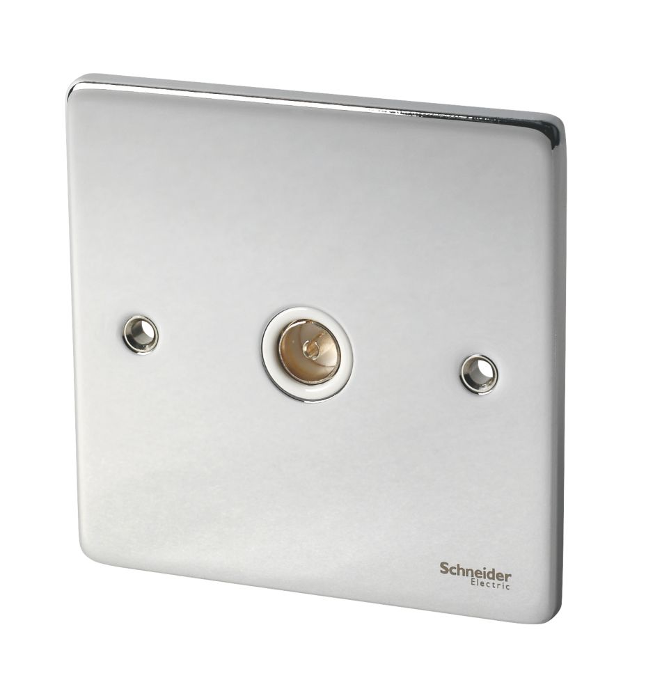 Image of Schneider Electric Ultimate Low Profile 1-Gang Coaxial TV Socket Polished Chrome with White Inserts 