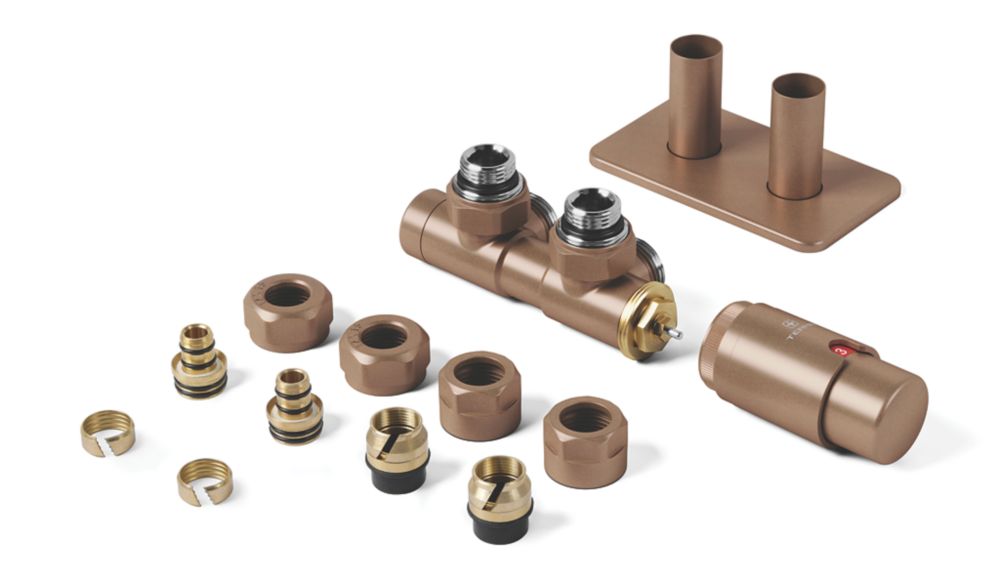 Image of Terma Twins All-in-One Integrated Copper Angled Thermostatic TRV, Lockshield & Pipe Masking Set R/S 1/2" x 15mm 