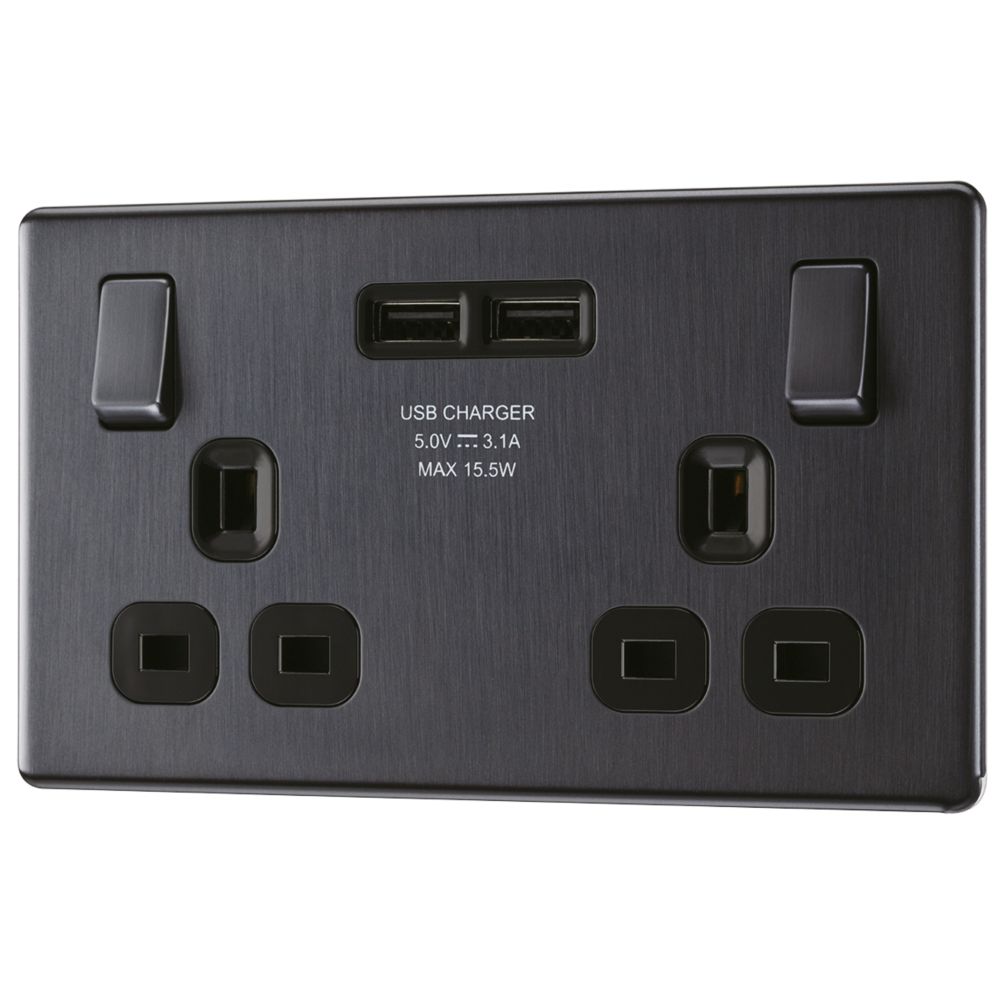 Image of LAP 13A 2-Gang DP Switched Socket + 3.1A 2-Outlet Type A USB Charger Slate Grey with Black Inserts 