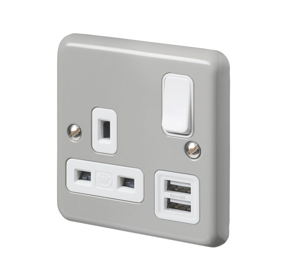 Image of MK Contoura 13A 1-Gang DP Switched Socket + 2A 2-Outlet Type A USB Charger Grey with White Inserts 