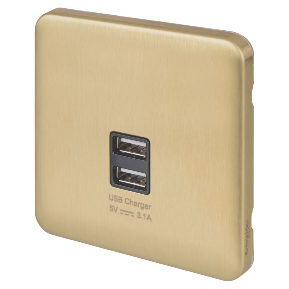 Image of Schneider Electric Lisse Deco 3.1A 2-Outlet Type A USB Socket Satin Brass with Black Inserts 