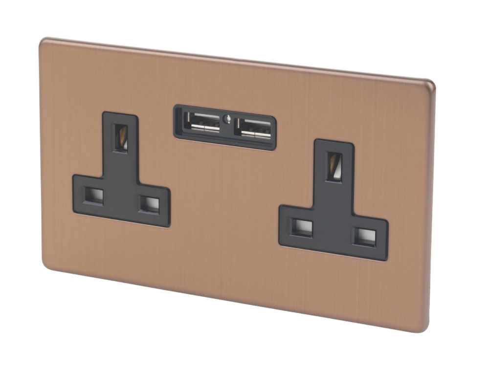 Image of Varilight 13AX 2-Gang Unswitched Socket + 2.1A 2-Outlet Type A USB Charger Brushed Bronze with Black Inserts 