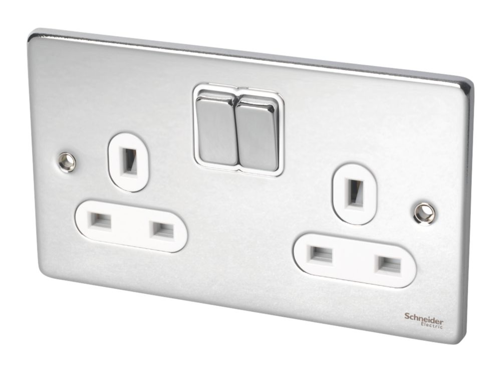 Image of Schneider Electric Ultimate Low Profile 13A 2-Gang SP Switched Plug Socket Polished Chrome with White Inserts 