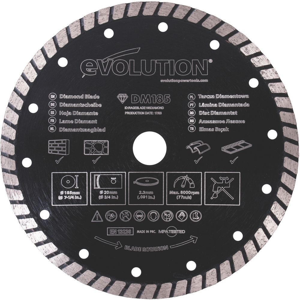 Image of Evolution RAGEBLADE185DIAMOND Masonry Diamond Turbo Blade 185mm x 20mm 