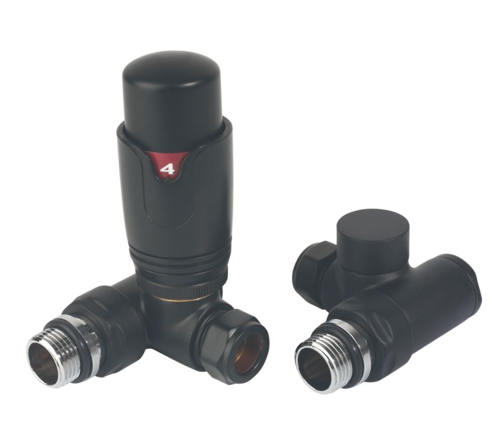 Image of Towelrads Black Corner Thermostatic TRV Dual Fuel Corner Valve & Lockshield 15mm x 1/2" 