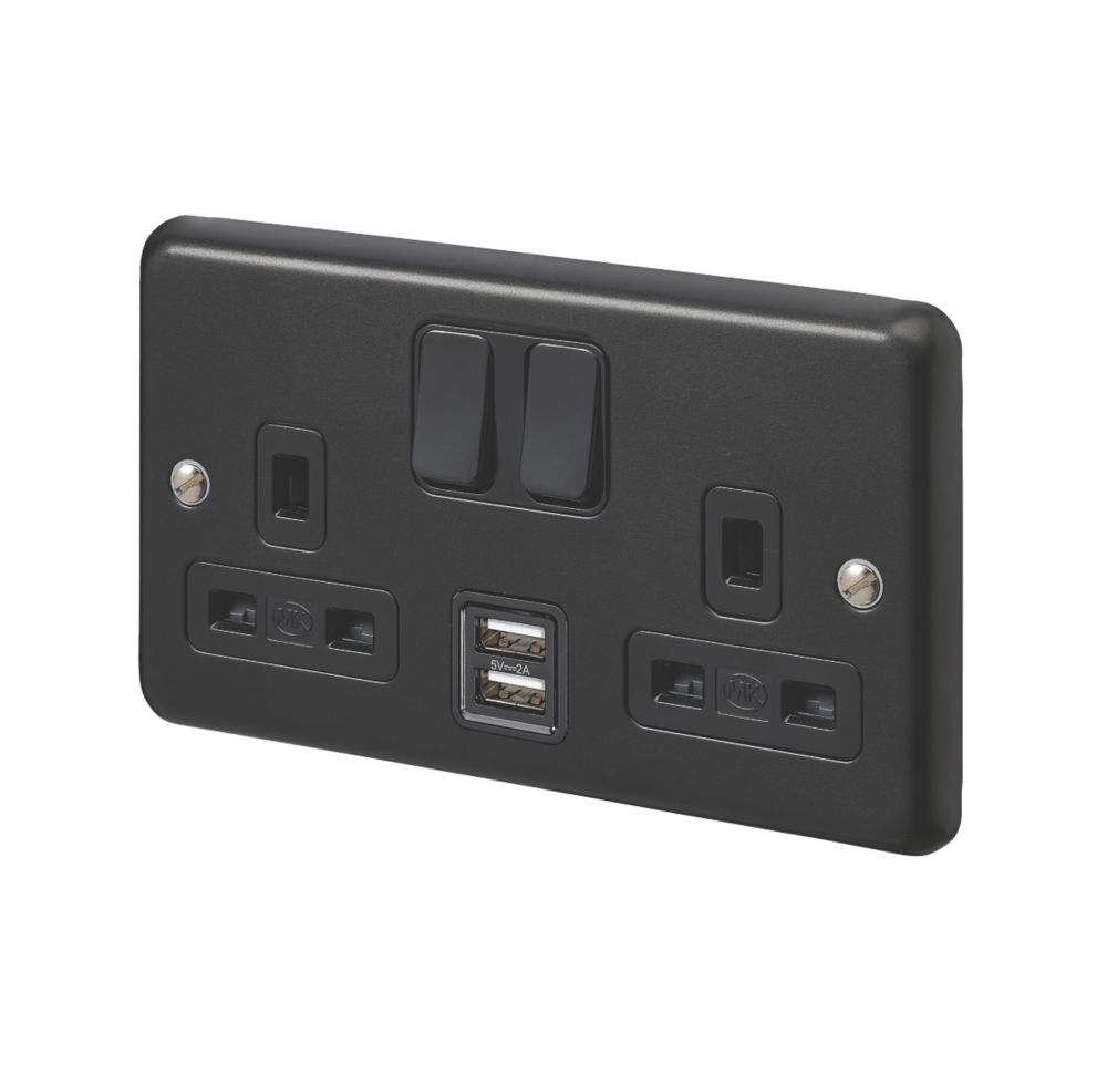 Image of MK Contoura 13A 2-Gang DP Switched Socket + 2A 2-Outlet Type A USB Charger Black with Colour-Matched Inserts 