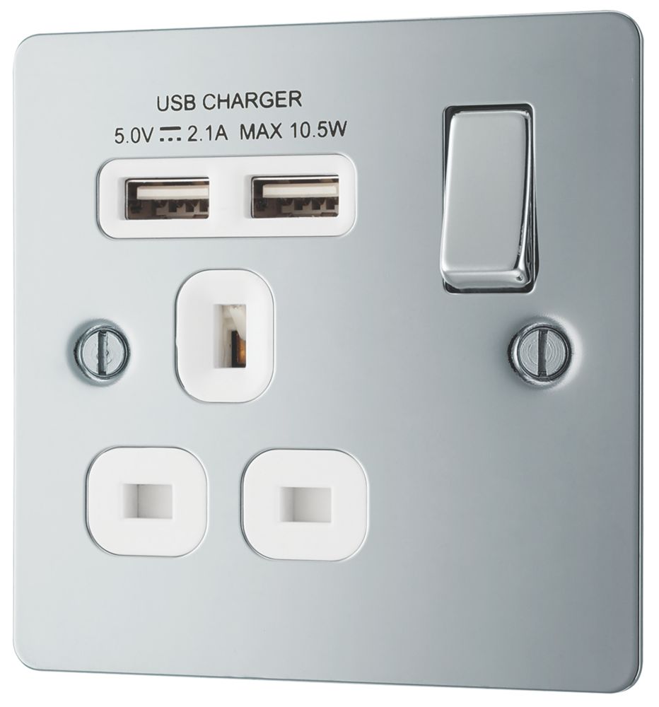 Image of LAP 13A 1-Gang SP Switched Socket + 2.1A 2-Outlet Type A USB Charger Polished Chrome with White Inserts 