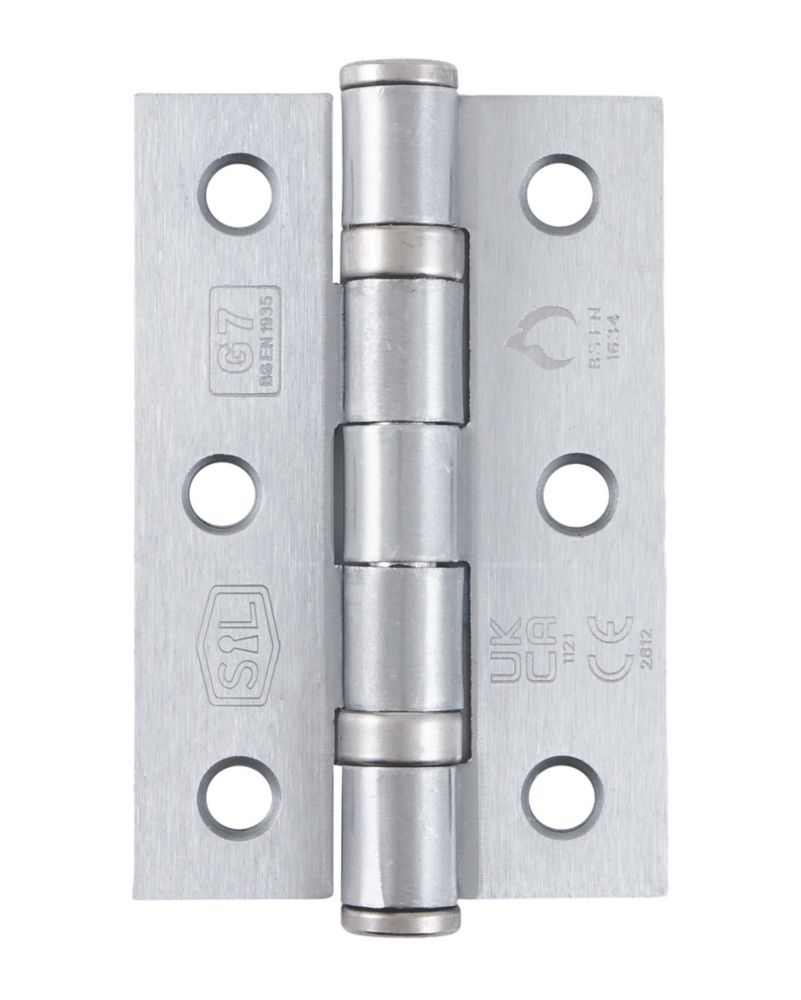 Image of Smith & Locke Satin Chrome Grade 7 Fire Rated Ball Bearing Door Hinges 76mm x 51mm 2 Pack 