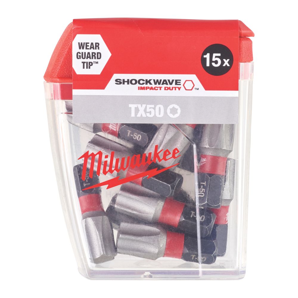 Image of Milwaukee Shockwave 1/4" 25mm Hex Shank TX50 Screwdriver Bits 15 Pack 