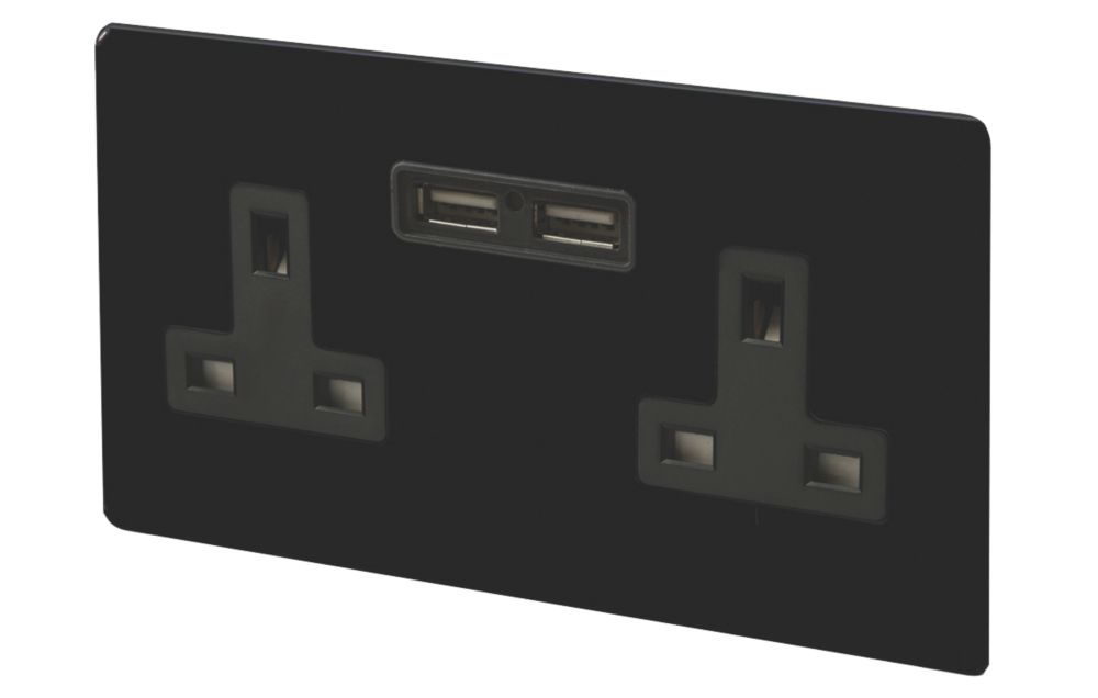 Image of Varilight 13AX 2-Gang Unswitched Socket + 2.1A 2-Outlet Type A USB Charger Jet Black with Black Inserts 