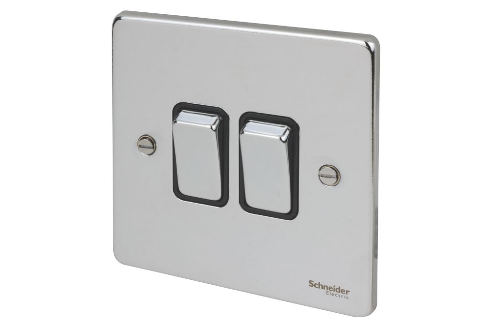 Image of Schneider Electric Ultimate Low Profile 16AX 2-Gang 2-Way Light Switch Polished Chrome with Black Inserts 