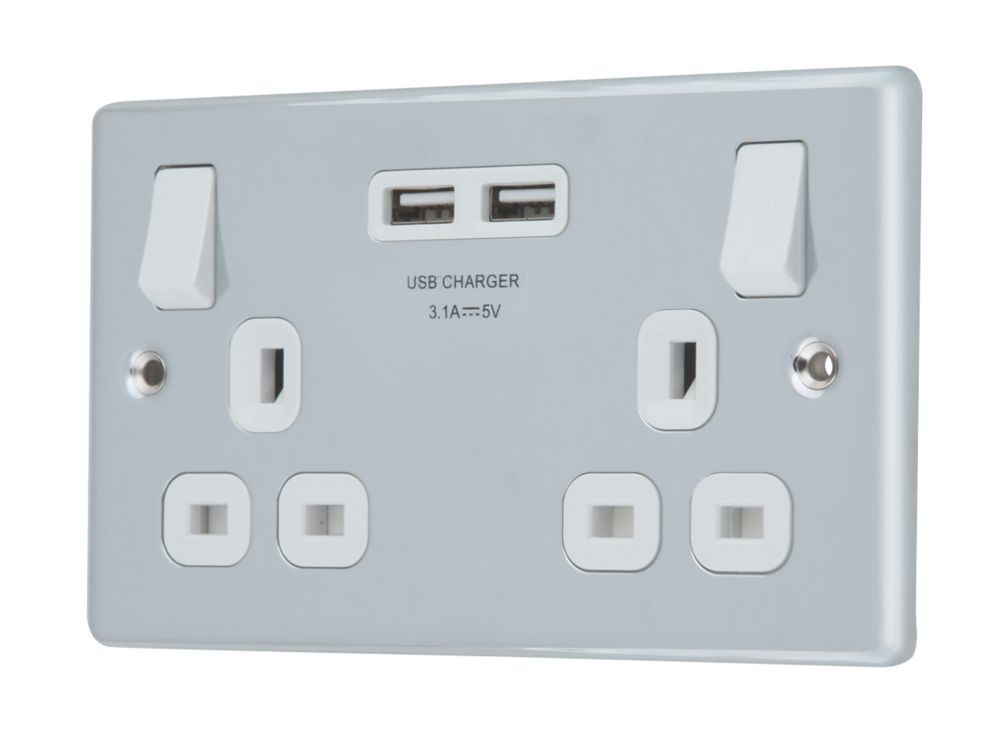 Image of LAP 13A 2-Gang SP Switched Socket + 3.1A 2-Outlet Type A USB Charger Polished Chrome with White Inserts 