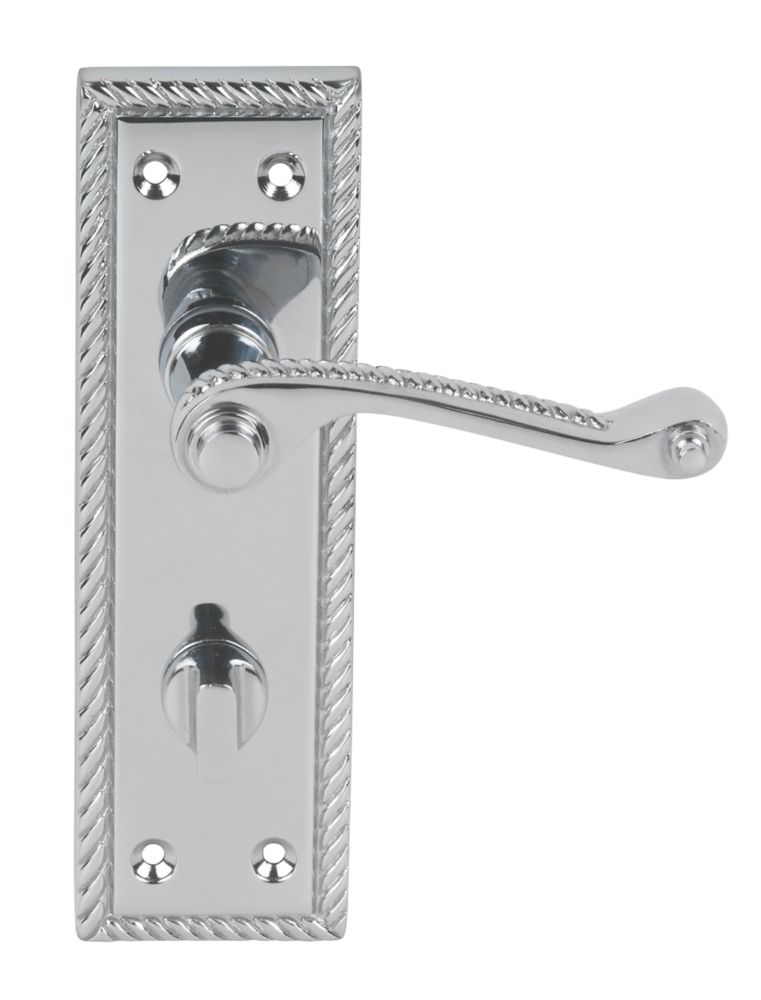 Image of Smith & Locke Long Backplate Georgian Scroll Fire Rated WC Door Handles Pair Polished Chrome 