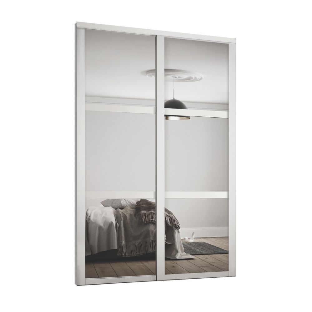 Image of Spacepro Shaker 4-Door Sliding Wardrobe Door Kit Stone Grey Frame Mirror Panel 3586mm x 2260mm 
