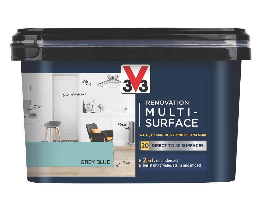 Image of V33 Satin Grey Blue Acrylic Renovation Multi-Surface Paint 2Ltr 