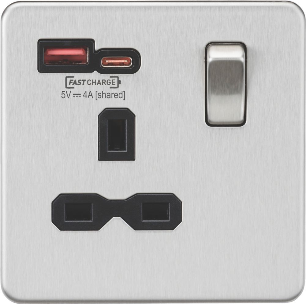 Image of Knightsbridge 13A 1-Gang SP Switched Socket + 4.0A 2-Outlet Type A & C USB Charger Brushed Chrome with Black Inserts 