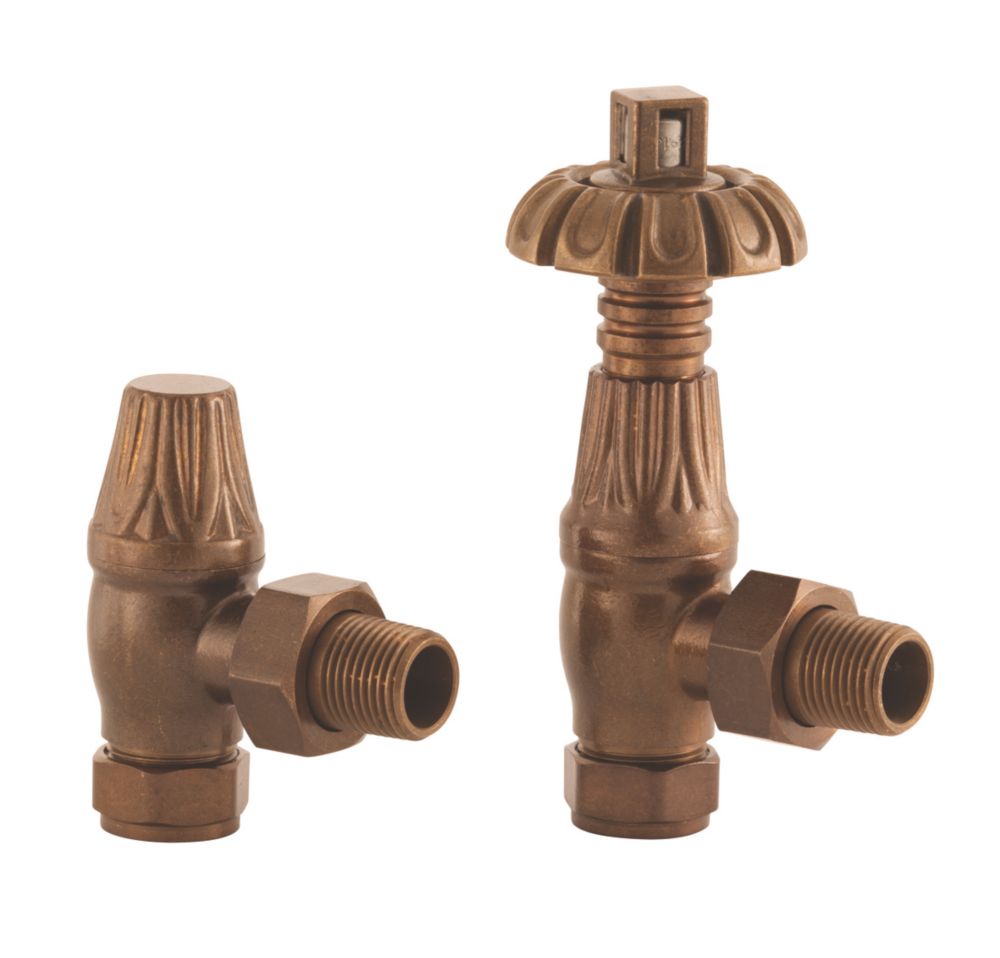 Image of Arroll UK-18 Antique Copper Angled Thermostatic Ornate Head TRV & Lockshield 15mm x 1/2" 