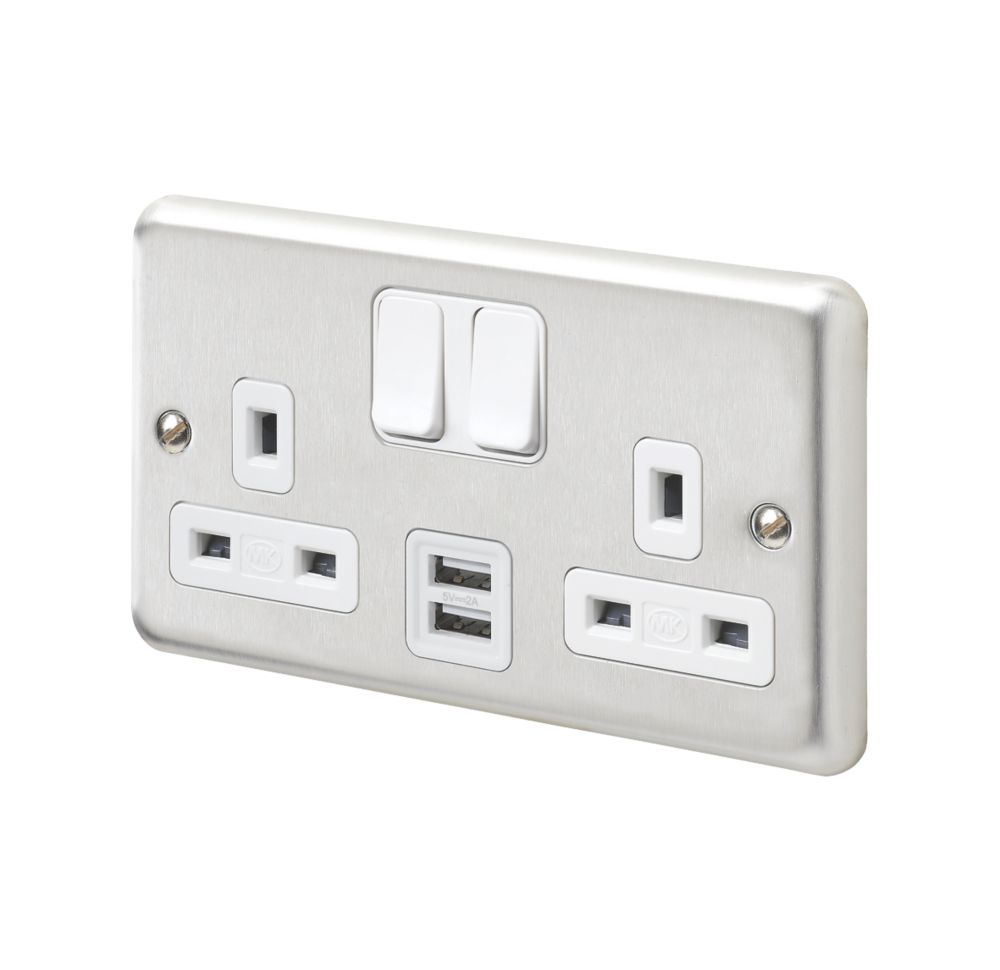Image of MK Contoura 13A 2-Gang DP Switched Socket + 2A 2-Outlet Type A USB Charger Brushed Stainless Steel with White Inserts 