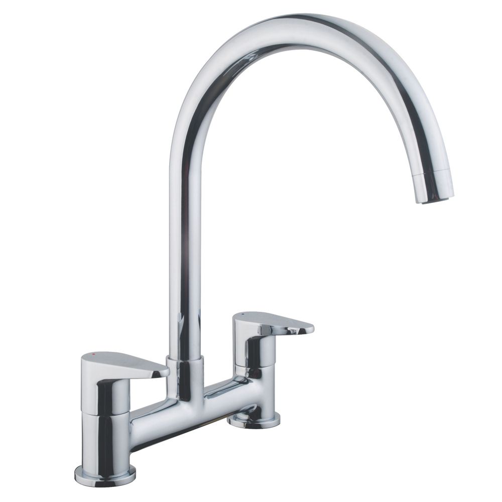 Image of 58A Deck-Mounted Dual-Lever Bridge Mixer Kitchen Tap Chrome 