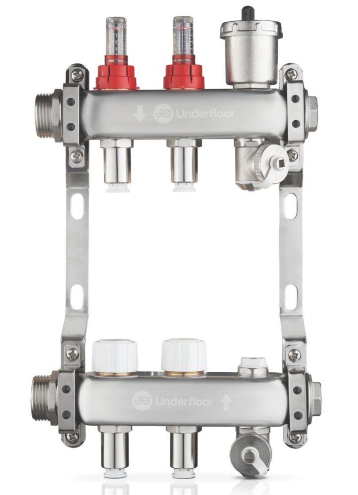Image of JG Underfloor 2 Port LowFit Underfloor Heating Manifold Brushed Steel 
