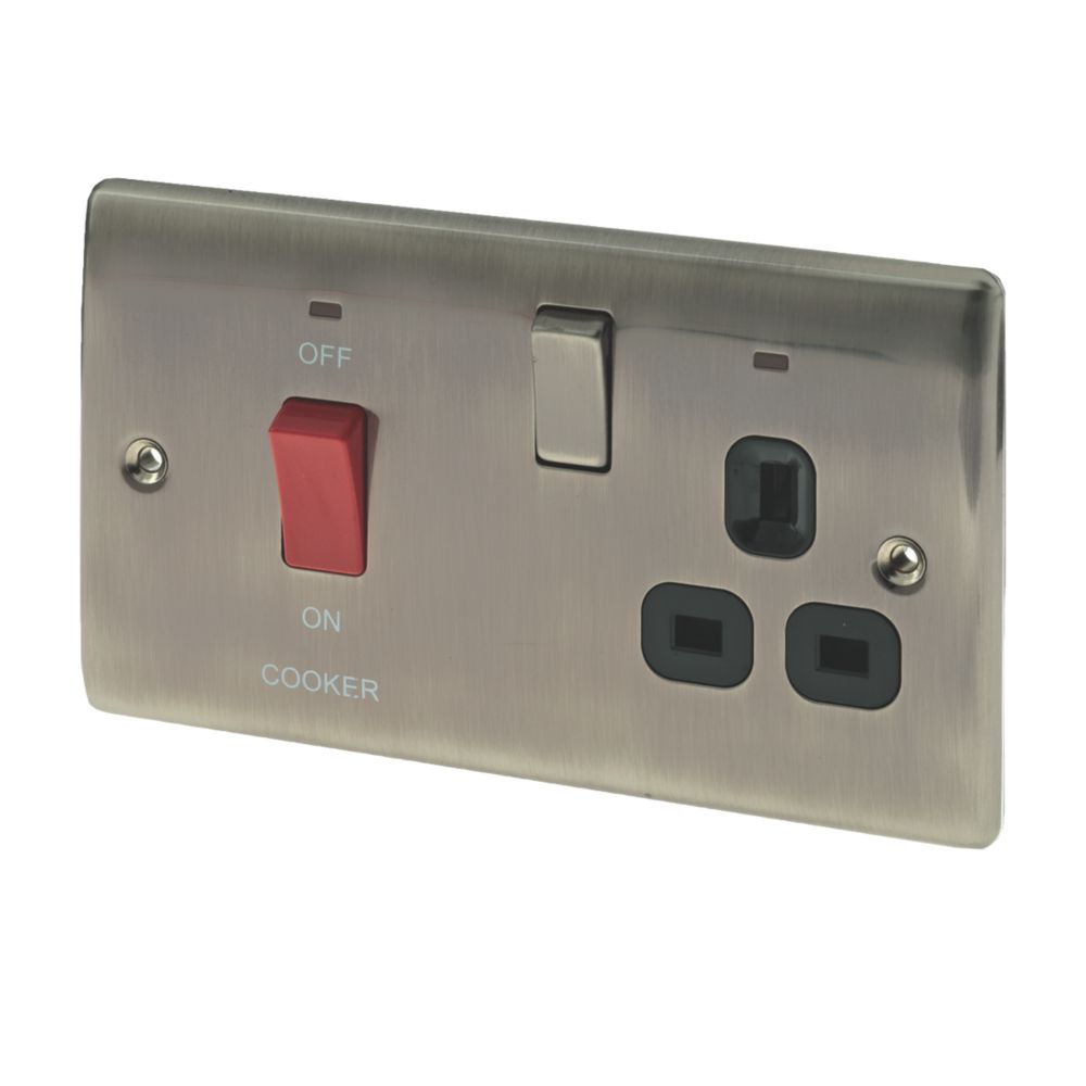 Image of British General Nexus Metal 45A 1-Gang DP Cooker Switch & 13A DP Switched Socket Brushed Iridium with LED with Black Inserts 