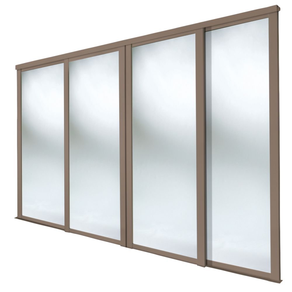 Image of Spacepro Shaker 4-Door Sliding Wardrobe Door Kit Stone Grey Frame Mirror Panel 2898mm x 2260mm 