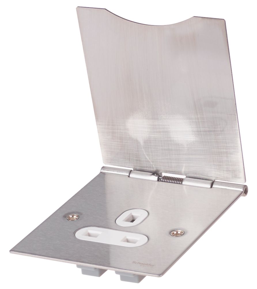 Image of Schneider Electric 13A 1-Gang Unswitched Floor Socket Stainless Steel with White Inserts 