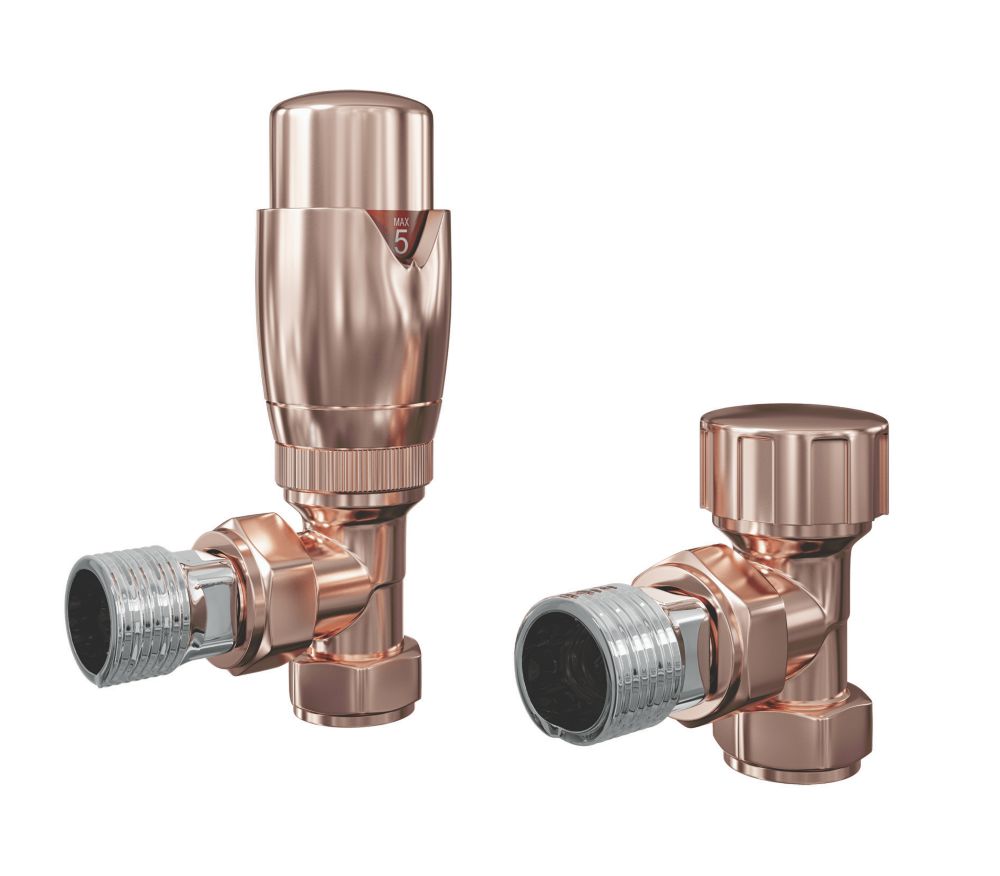 Image of ETAL Danva Copper Angled Thermostatic TRV & Lockshield 15mm x 1/2" 