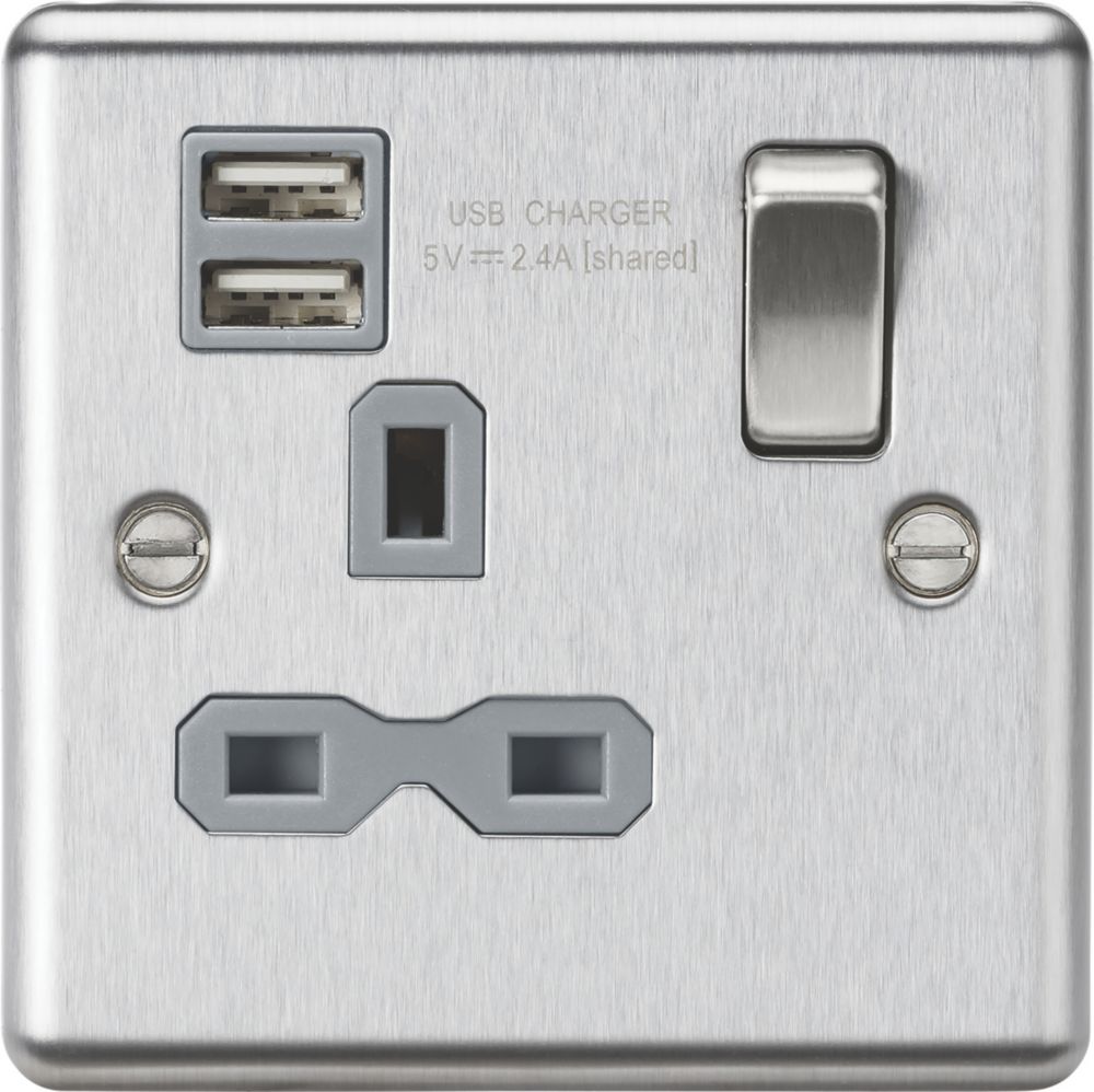 Image of Knightsbridge 13A 1-Gang SP Switched Socket + 2.4A 2-Outlet Type A USB Charger Brushed Chrome with Colour-Matched Inserts 