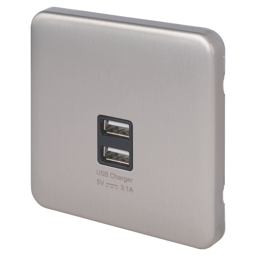 Image of Schneider Electric Lisse Deco 3.1A 2-Outlet Type A USB Socket Brushed Stainless Steel with Black Inserts 