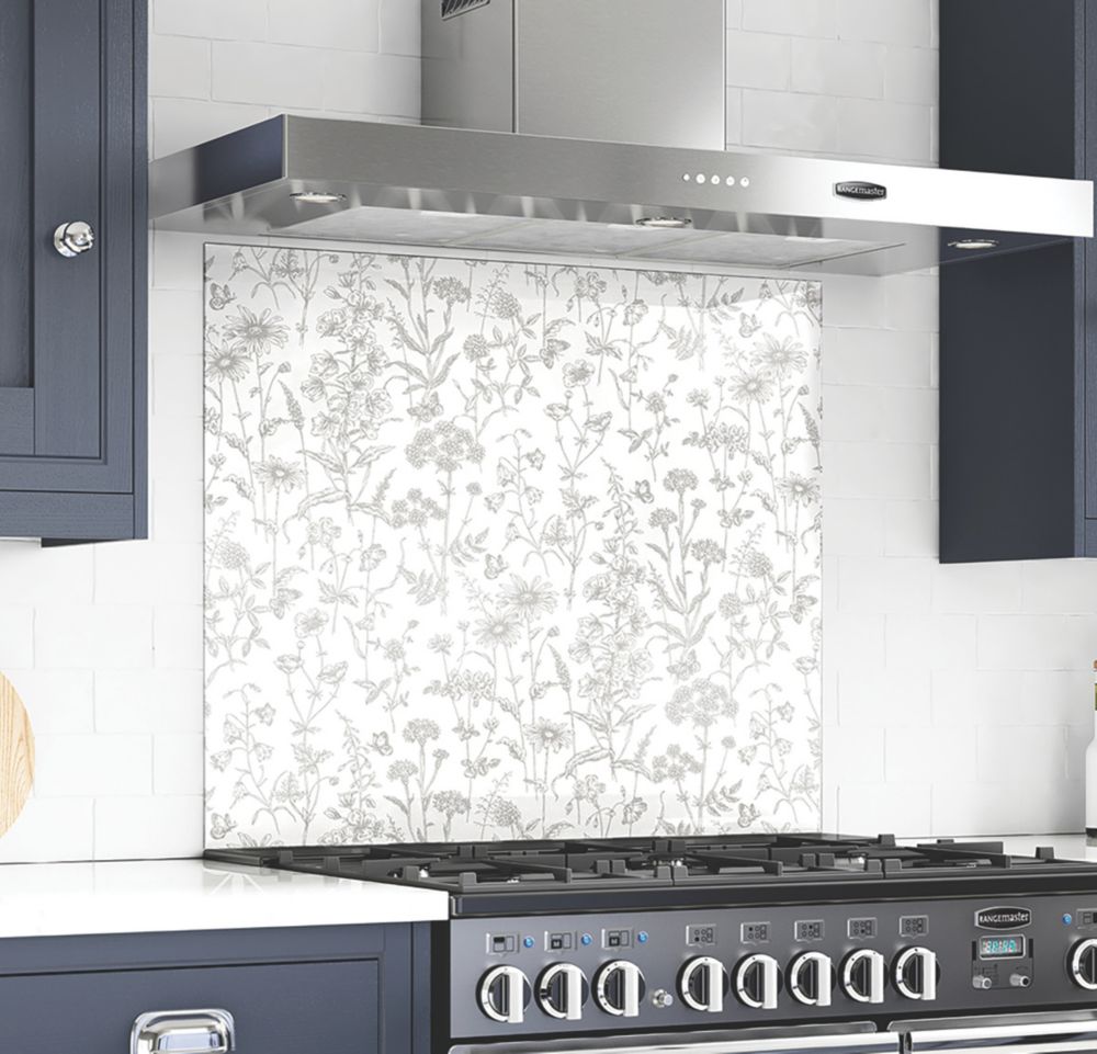 Image of Laura Ashley Lisette White Self-Adhesive Glass Kitchen Splashback 900mm x 750mm x 6mm 