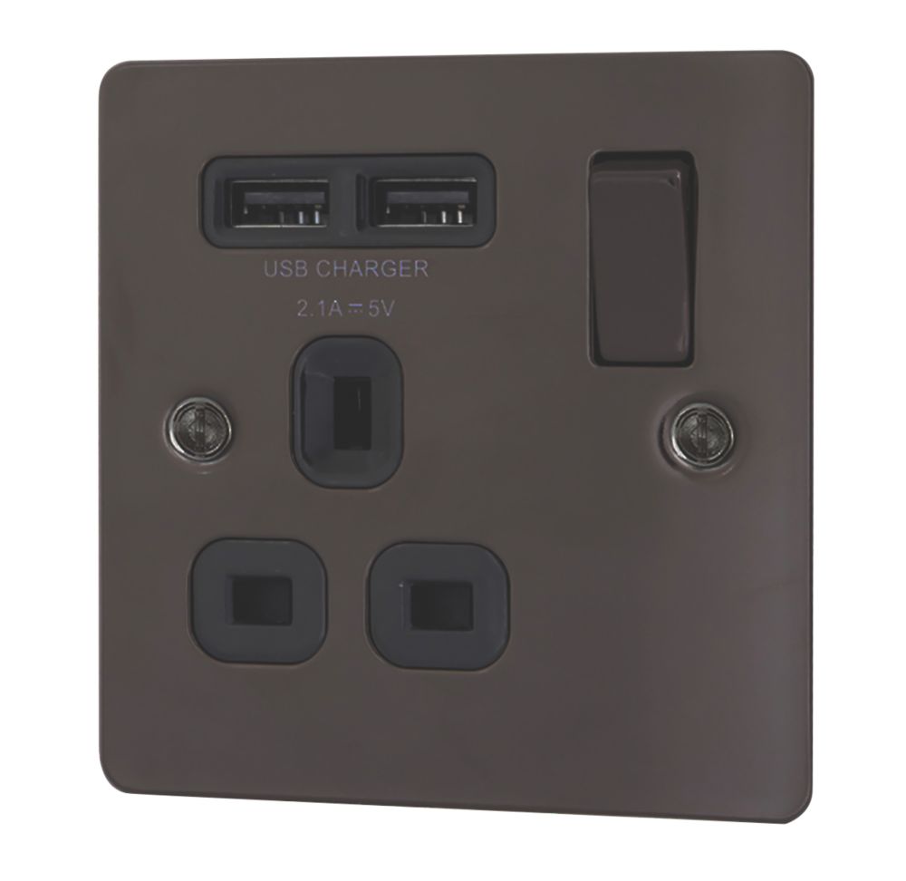 Image of LAP 13A 1-Gang SP Switched Socket + 2.1A 2-Outlet Type A USB Charger Black Nickel with Black Inserts 