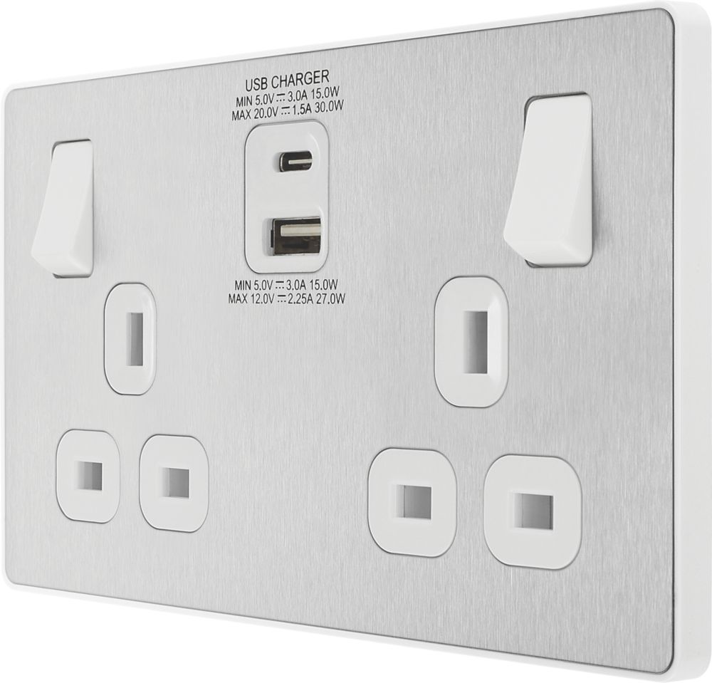 Image of British General Evolve 13A 2-Gang SP Switched Socket + 3A 2-Outlet Type A & C USB Charger Brushed Steel with White Inserts 