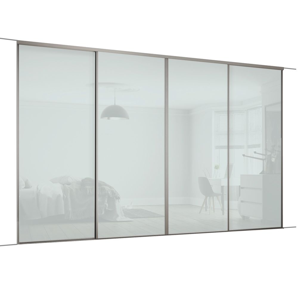 Image of Spacepro Classic 4-Door Sliding Wardrobe Door Kit Silver Frame Arctic White Panel 2370mm x 2260mm 