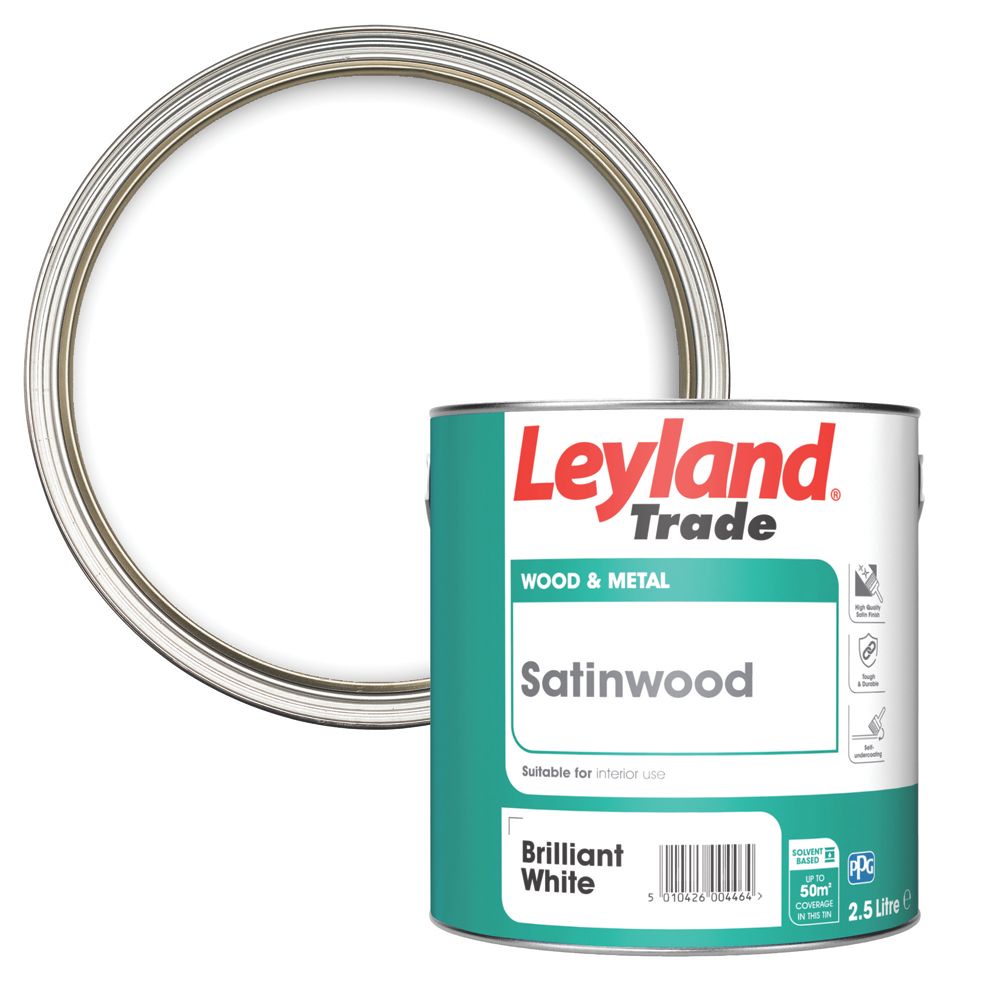 Image of Leyland Trade Satin Brilliant White Trim Paint 2.5Ltr 