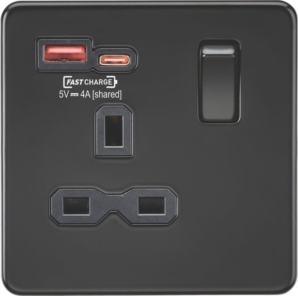 Image of Knightsbridge 13A 1-Gang SP Switched Socket + 4.0A 2-Outlet Type A & C USB Charger Matt Black with Black Inserts 