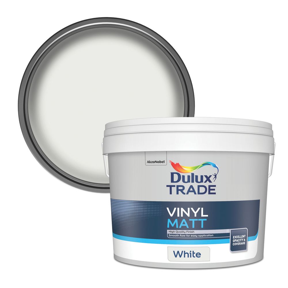 Image of Dulux Trade Matt White Emulsion Vinyl Paint 10Ltr 
