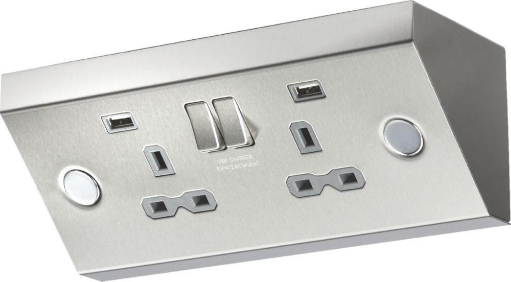 Image of Knightsbridge 13A 2-Gang SP Switched Socket + 2.4A 2-Outlet Type A USB Charger Stainless Steel with Colour-Matched Inserts 