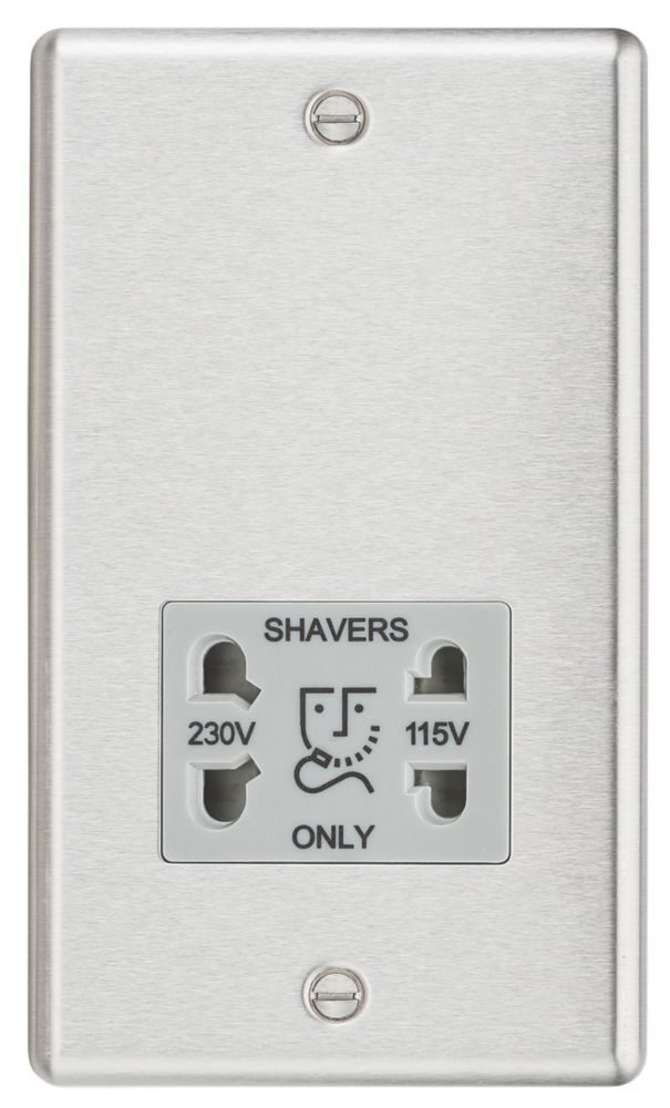 Image of Knightsbridge 2-Gang Dual Voltage Shaver Socket 115 V / 230V Brushed Chrome with Colour-Matched Inserts 