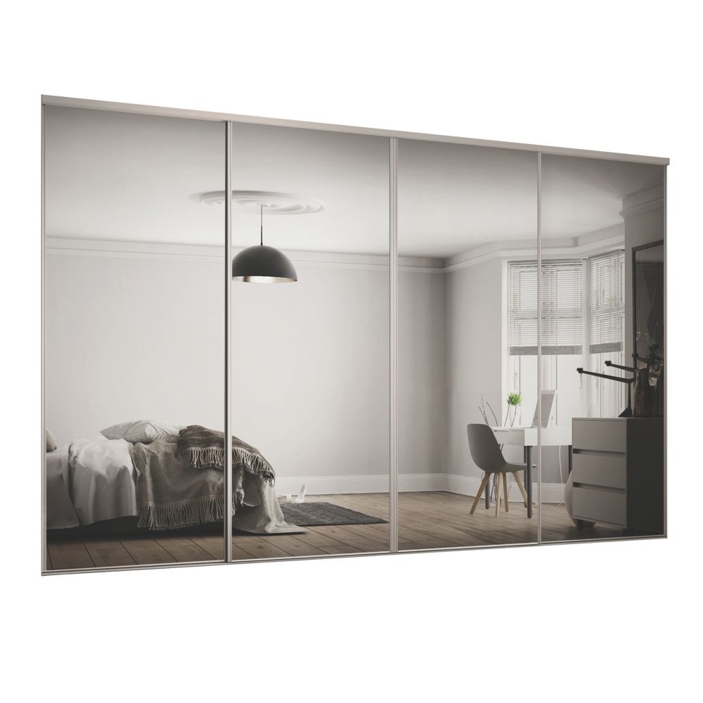 Image of Spacepro Classic 4-Door Sliding Wardrobe Door Kit Cashmere Frame Mirror Panel 2978mm x 2260mm 