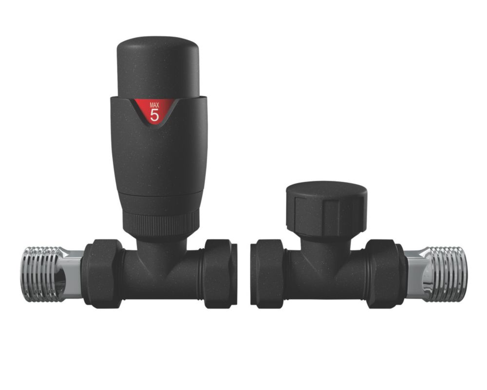 Image of Cassellie Anthracite Straight Thermostatic TRV & Lockshield 15mm x 1/2" 