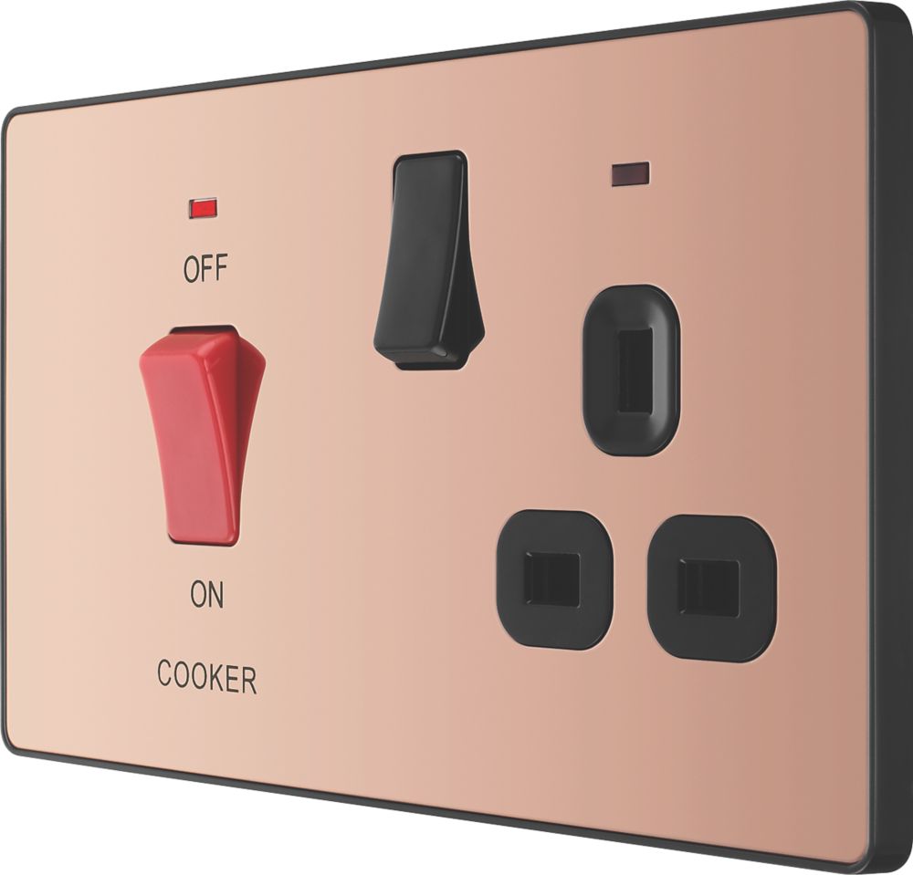 Image of British General Evolve 45A 2-Gang 2-Pole Cooker Switch & 13A DP Switched Socket Copper with LED with Black Inserts 