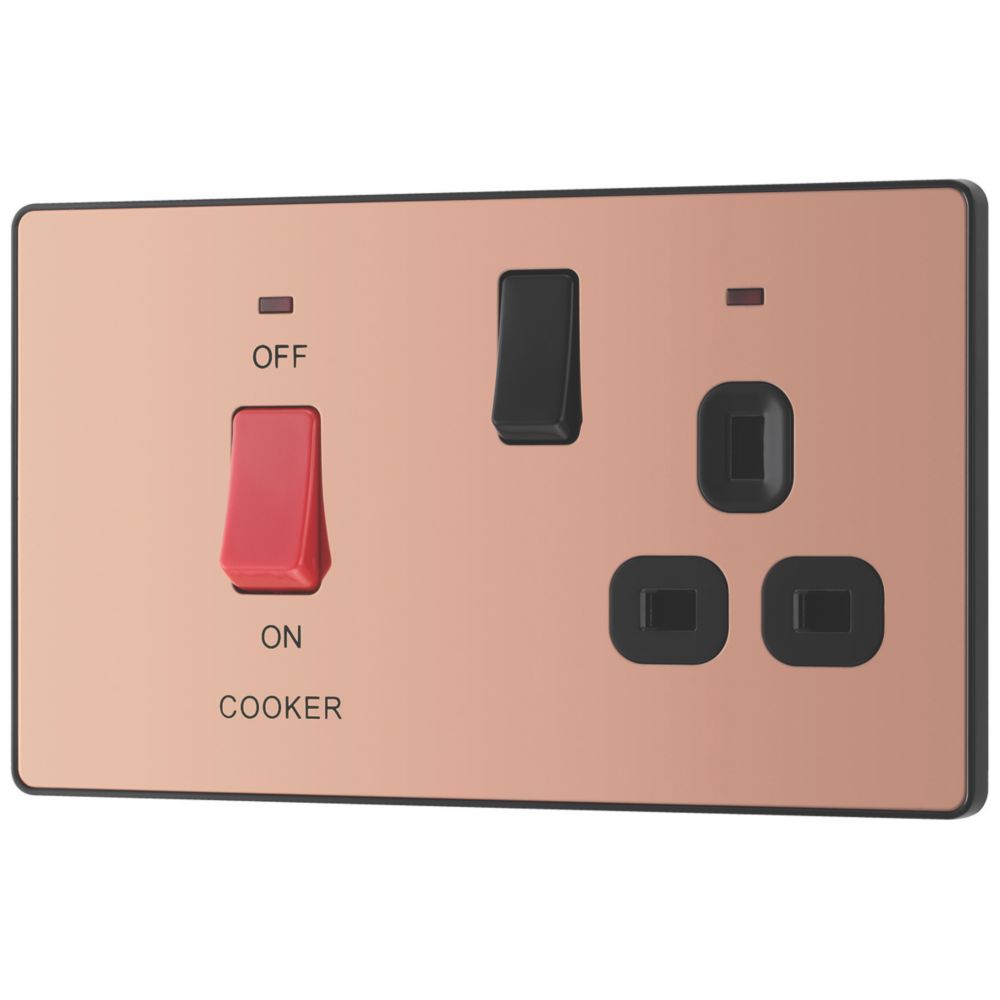 Image of British General Evolve 45A 2-Gang 2-Pole Cooker Switch & 13A DP Switched Socket Copper with LED with Black Inserts 