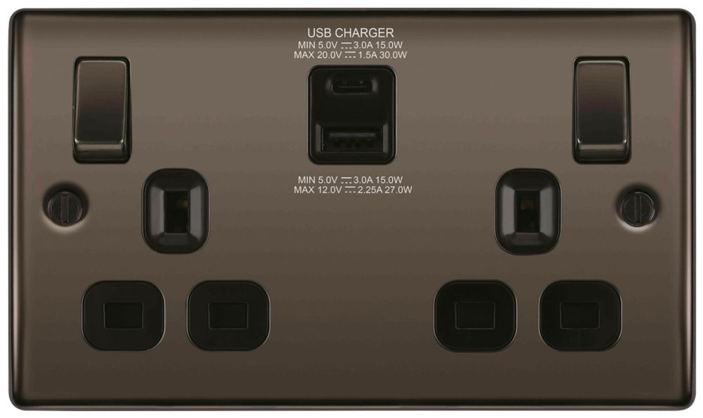 Image of British General Nexus Metal 13A 2-Gang SP Switched Socket + 3A 2-Outlet Type A & C USB Charger Black Nickel with Black Inserts 