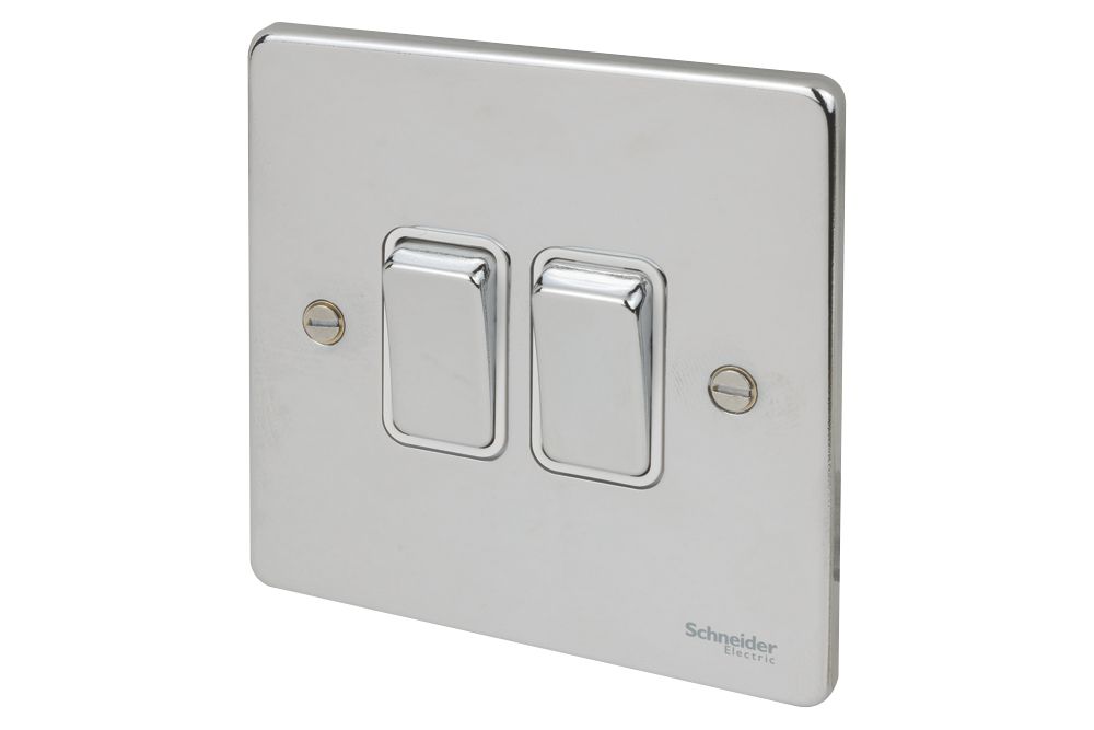 Image of Schneider Electric Ultimate Low Profile 16AX 2-Gang 2-Way Light Switch Polished Chrome with White Inserts 