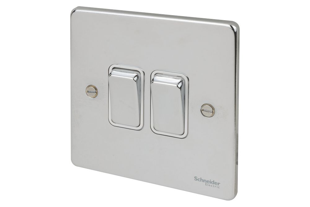 Image of Schneider Electric Ultimate Low Profile 16AX 2-Gang 2-Way Light Switch Polished Chrome with White Inserts 