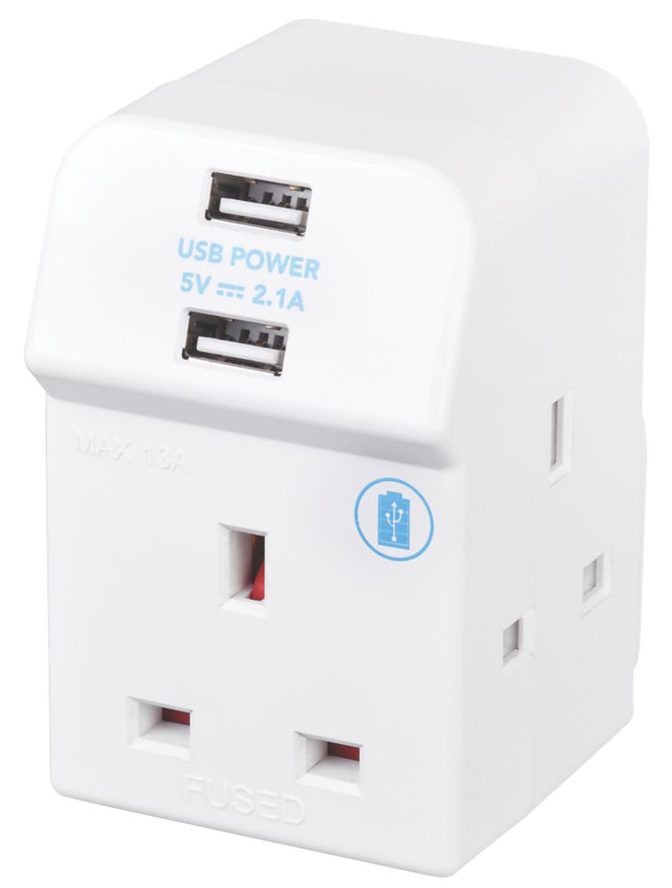 Image of Masterplug 13A Fused 3-Way Multi-Way Socket Adaptor + 2.1A 2-Outlet Type A USB Charger White 