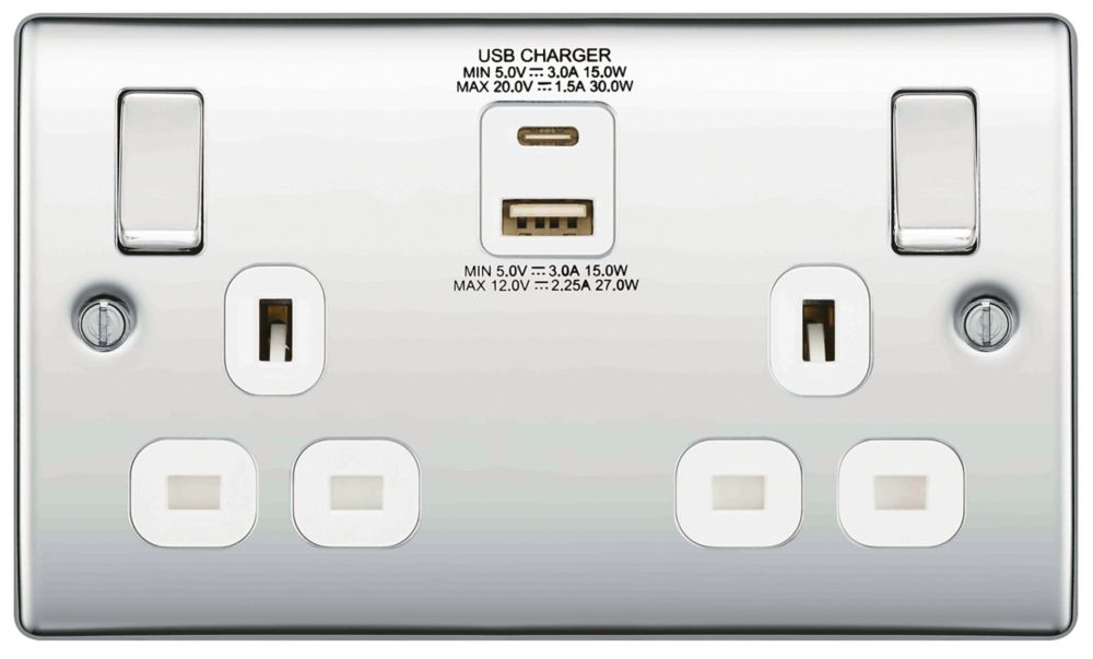 Image of British General Nexus Metal 13A 2-Gang SP Switched Socket + 3A 2-Outlet Type A & C USB Charger Polished Chrome with White Inserts 