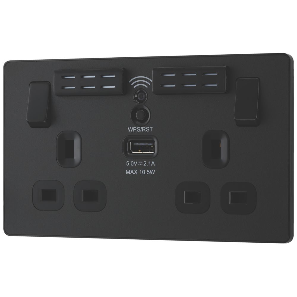 Image of British General Evolve 13A 2-Gang SP Switched Double Socket With WiFi Extender + 2.1A 1-Outlet Type A USB Charger Matt Black with Black Inserts 